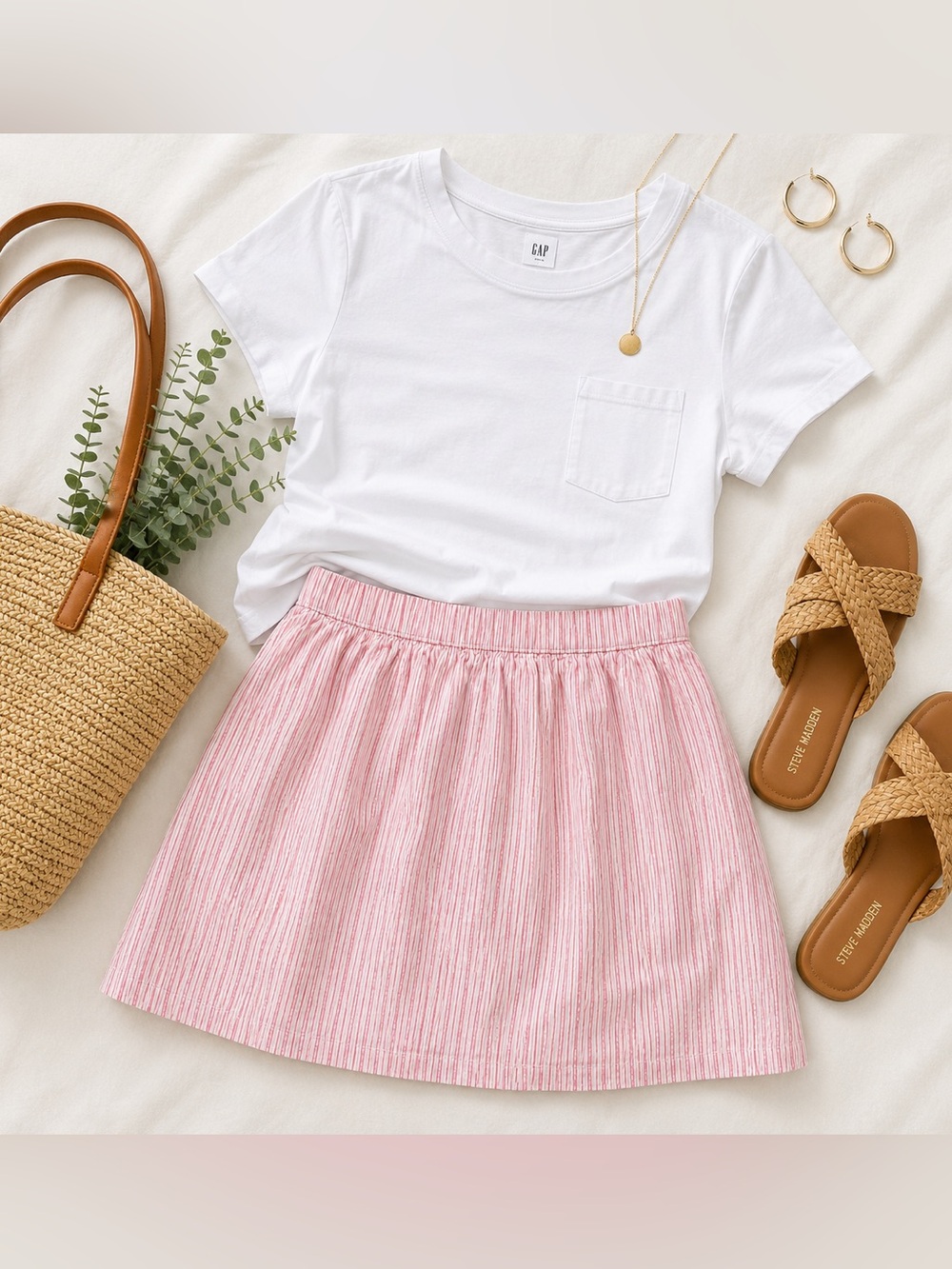 GAP Coral White Striped Cotton Linen Pull-On fully lined Mini Skirt Medium
